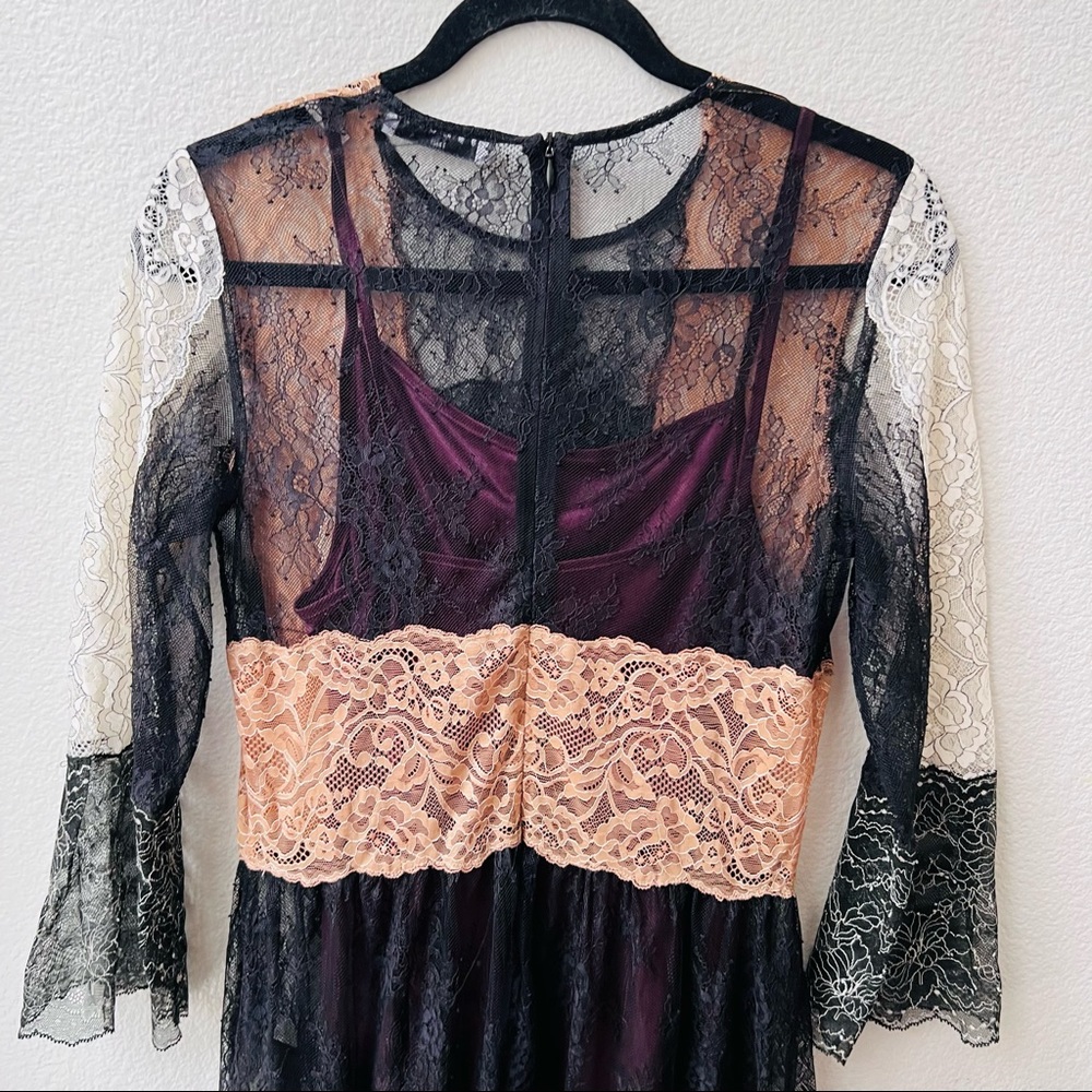 SANDRO PARIS lace overlay tan white black fitted midi dress womens 2 - Picture 3 of 8